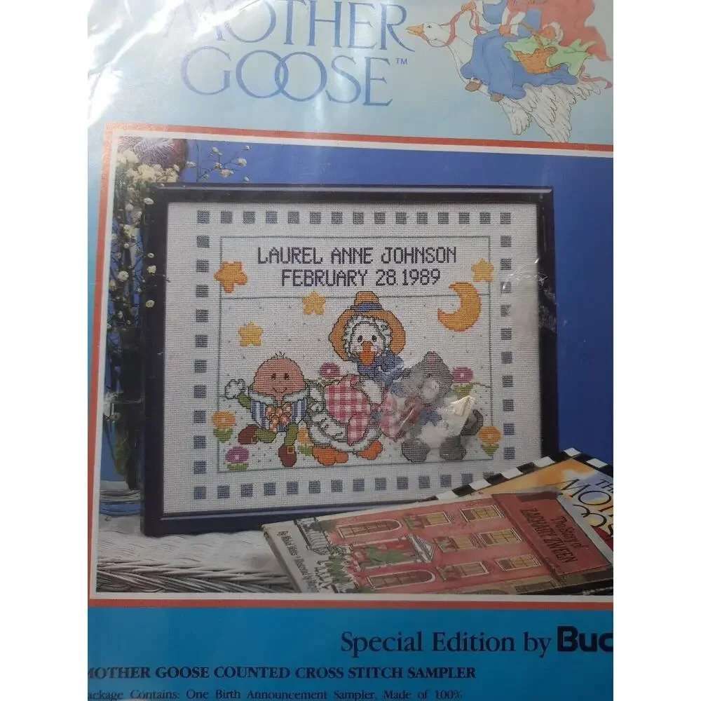 Bucilla Mother Goose Counted Cross Stitch Sampler 63483 Birth Announcement